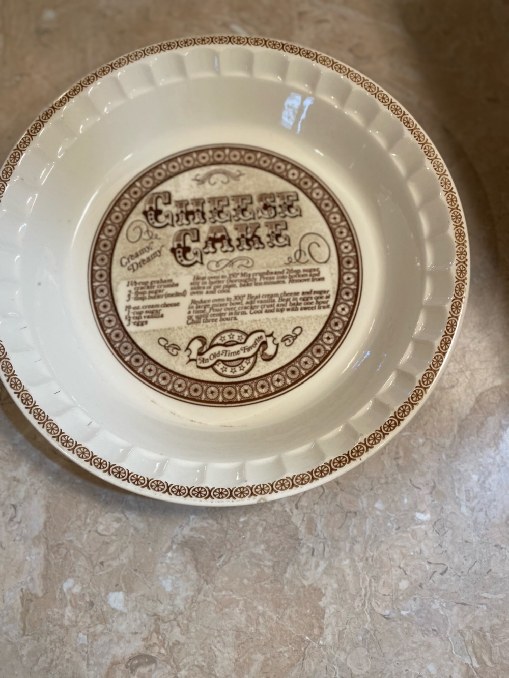 Cream Ceramic Cheesecake Serving Bowl with Brown Accent